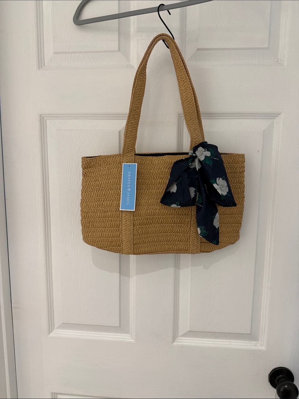 Draper James Camel Woven Tote with Navy Floral Scarf